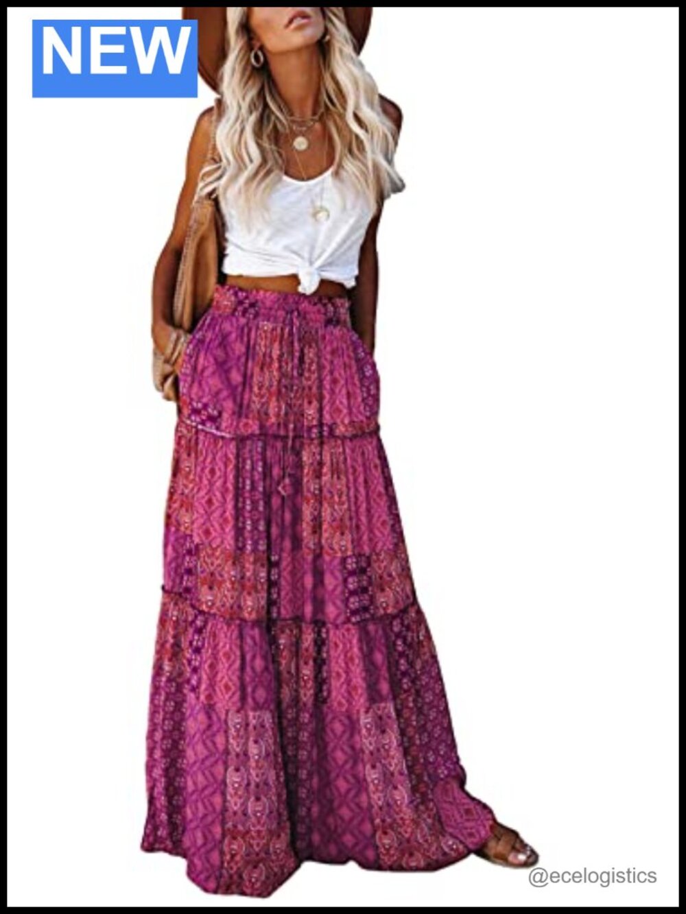 Women's Boho Maxi Skirt High Waist Pockets Flow Tiered Long Drawstring